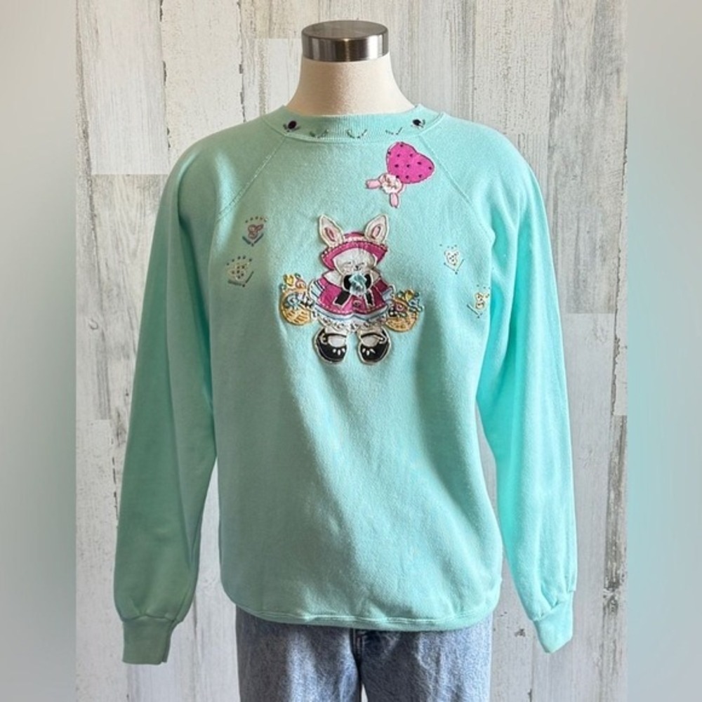 Vintage spring Bunny Applique Sweatshirt Pastel Whimsical Easter‎ teacher